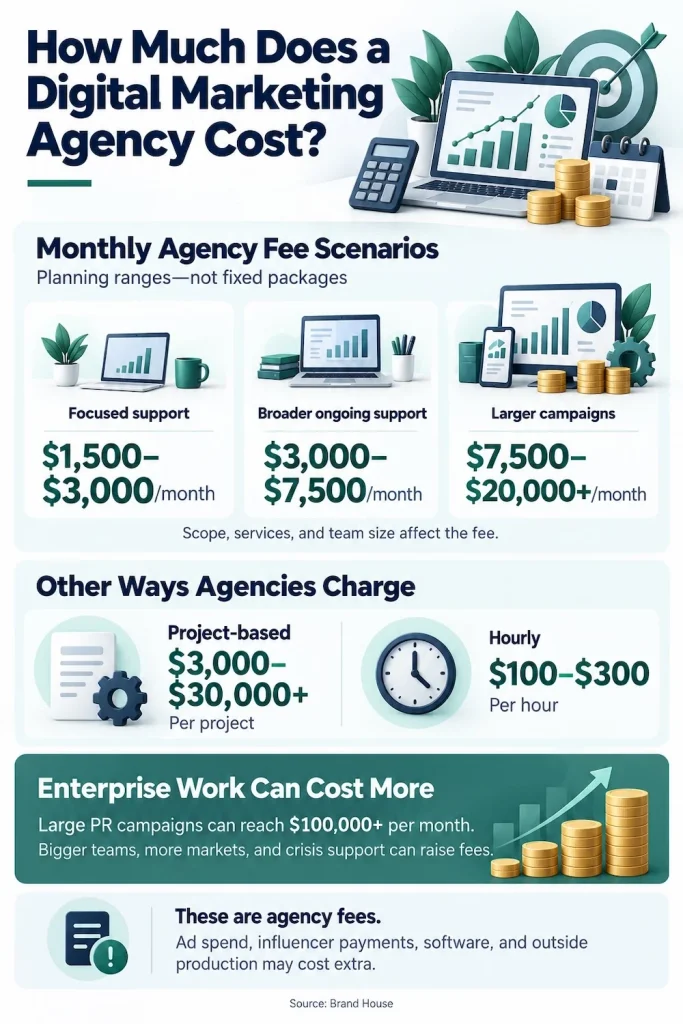 Digital marketing agency fee scenarios showing monthly retainers, project and hourly pricing, and enterprise PR costs.