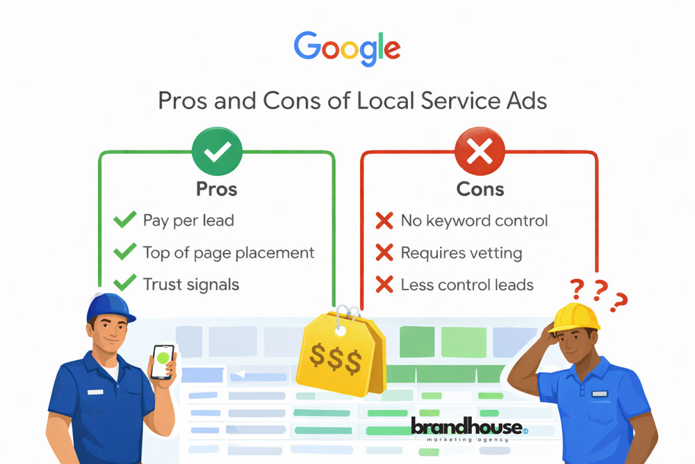 the pros and cons of using local service ads. pros - pay per lead, top of page placement, trust signals. Cons - no keyword control, require vetting, less control of leads.