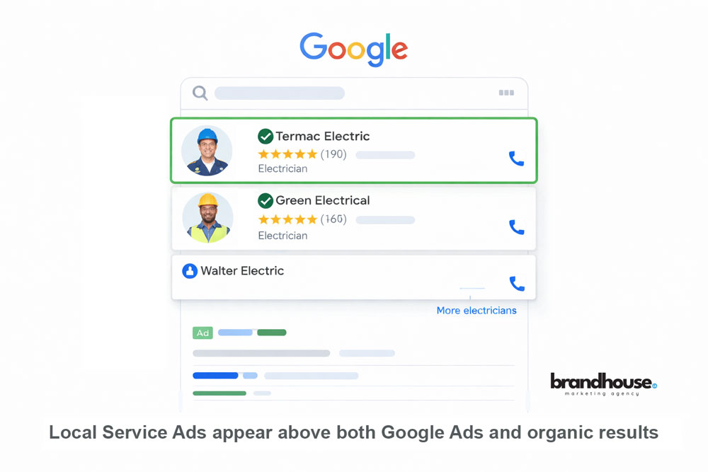 where local service ads show. above both ads and organic results.