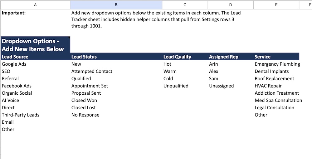 lead tracker settings info